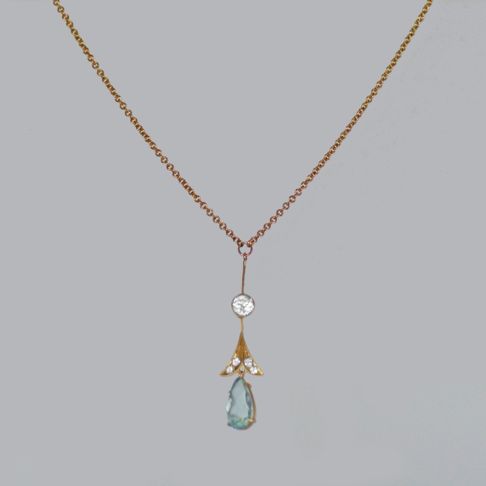 Elegant Edwardian Aquamarine and White Sapphire Necklace in 15ct Gold, Foliate Drop Pendant ca 1910 View VI