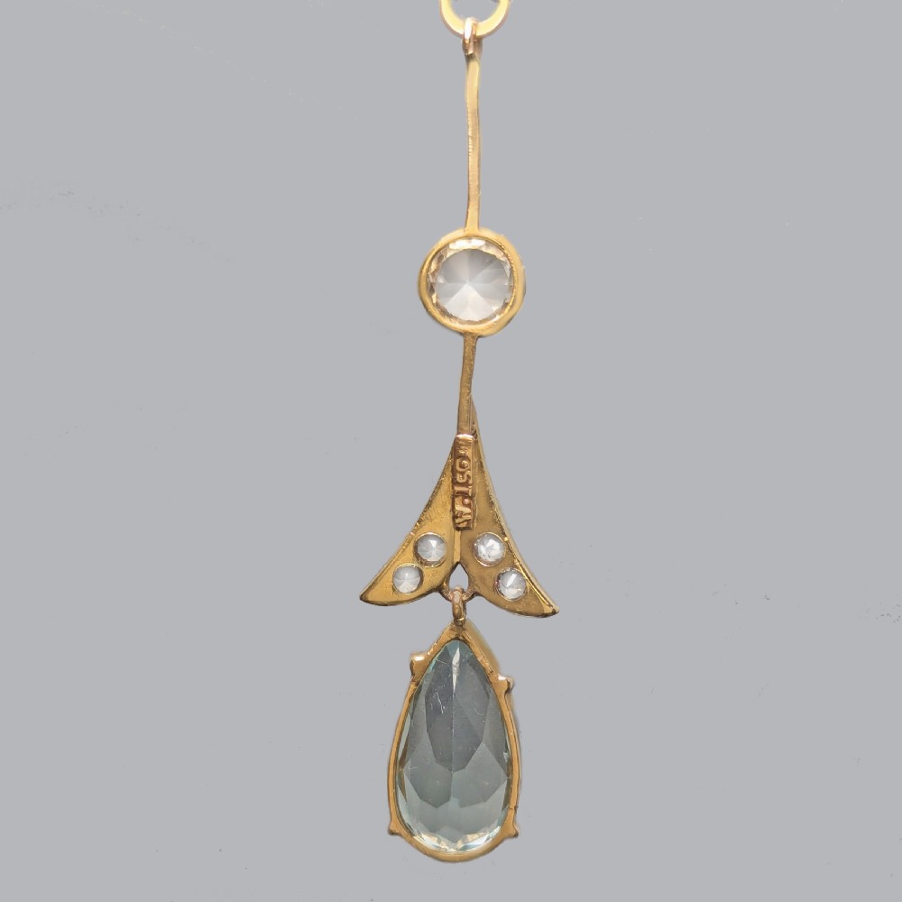 Elegant Edwardian Aquamarine and White Sapphire Necklace in 15ct Gold, Foliate Drop Pendant ca 1910 View IX