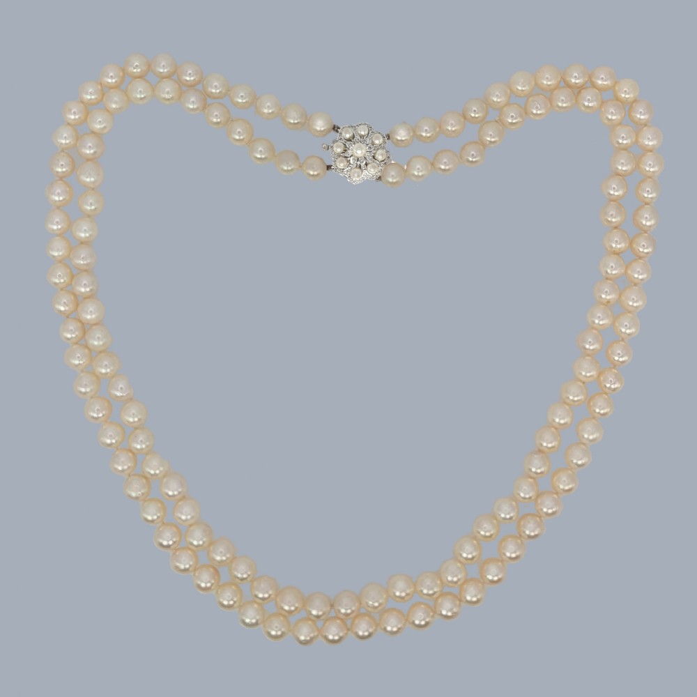 Vintage Double Strand Pearl Necklace 9ct White Gold London 1962 Diamond Clasp 9mm Pearls