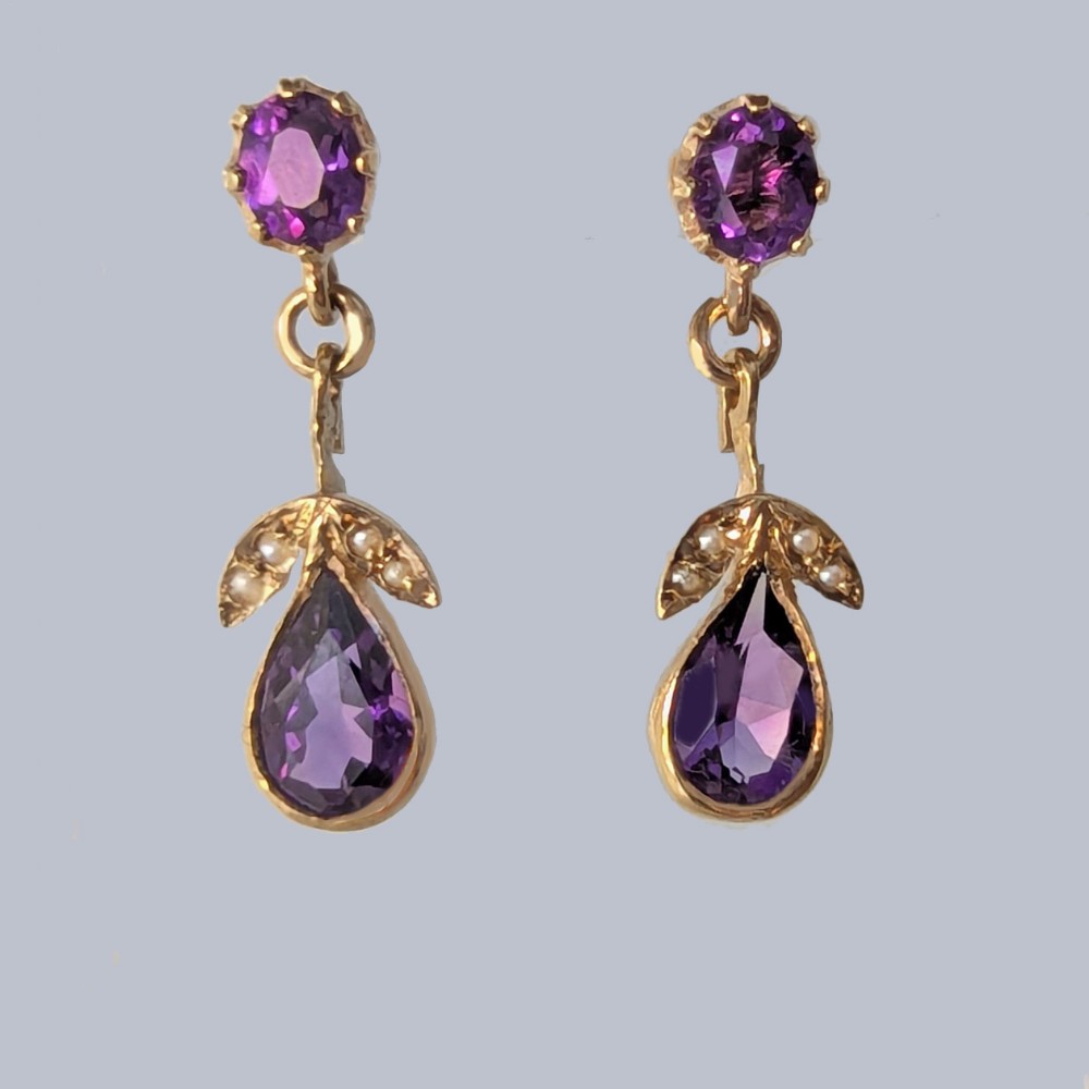 Vintage 9ct Gold Amethyst & Seed Pearl Drop Earrings, Hallmarked Sheffield 1967 Victorian Style