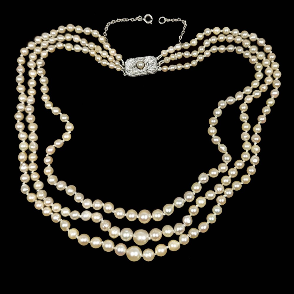 1950s Triple Strand Pearl Necklace 9ct Gold Diamond Clasp with AnchorCert Pearl Report - Restrung
