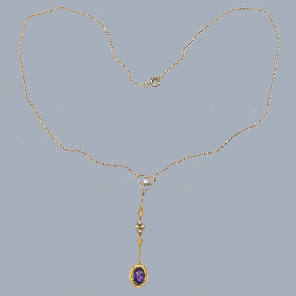 Edwardian Amethyst Seed Pearl Necklace 9ct Gold Antique Pendant Circa 1910