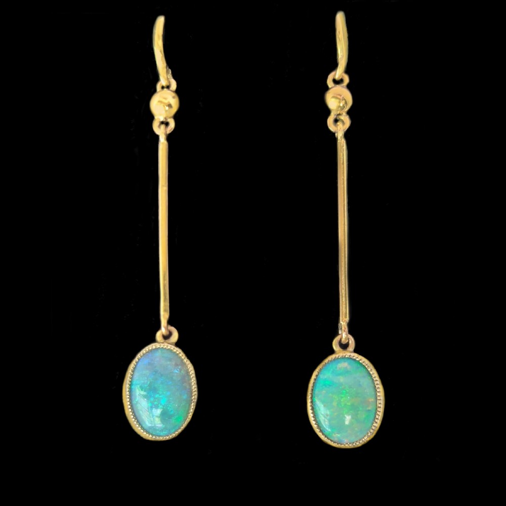 Vintage Opal Drop Earrings in 18 Carat Gold Long Dangle Earrings 1950s