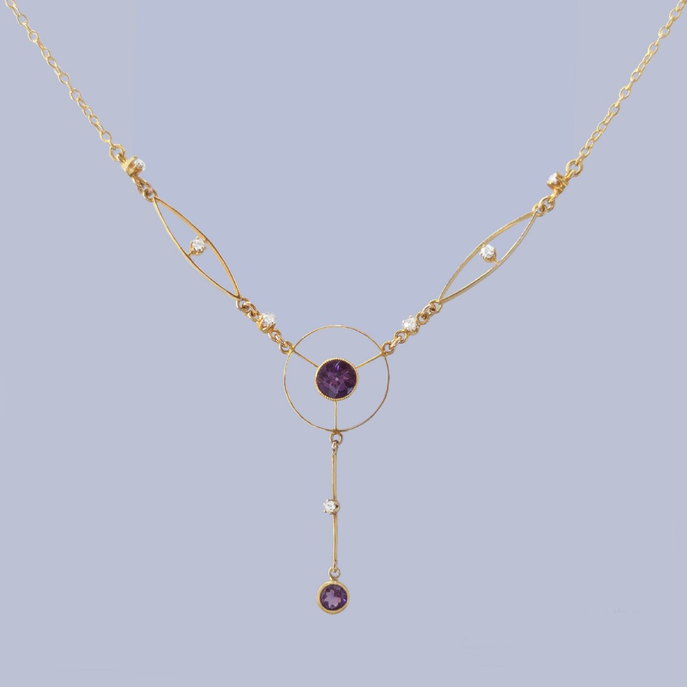 Edwardian 18ct Gold Amethyst and Old Cut Diamond Lavalier Necklace, Antique ca 1910