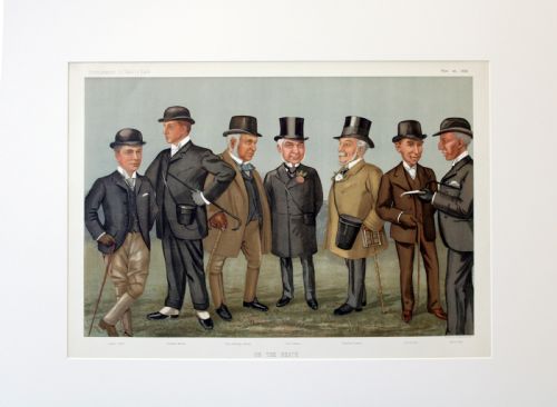 fig 1. A late Victorian double-page chromolithograph print illustrating seven gentlemen in formal attire wearing top hats and bowler hats in a field setting.