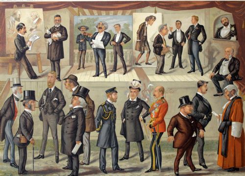 fig 1. An unfolded Victorian double-page Vanity Fair chromolithograph featuring a group illustration of caricatured gentlemen in formal attire.