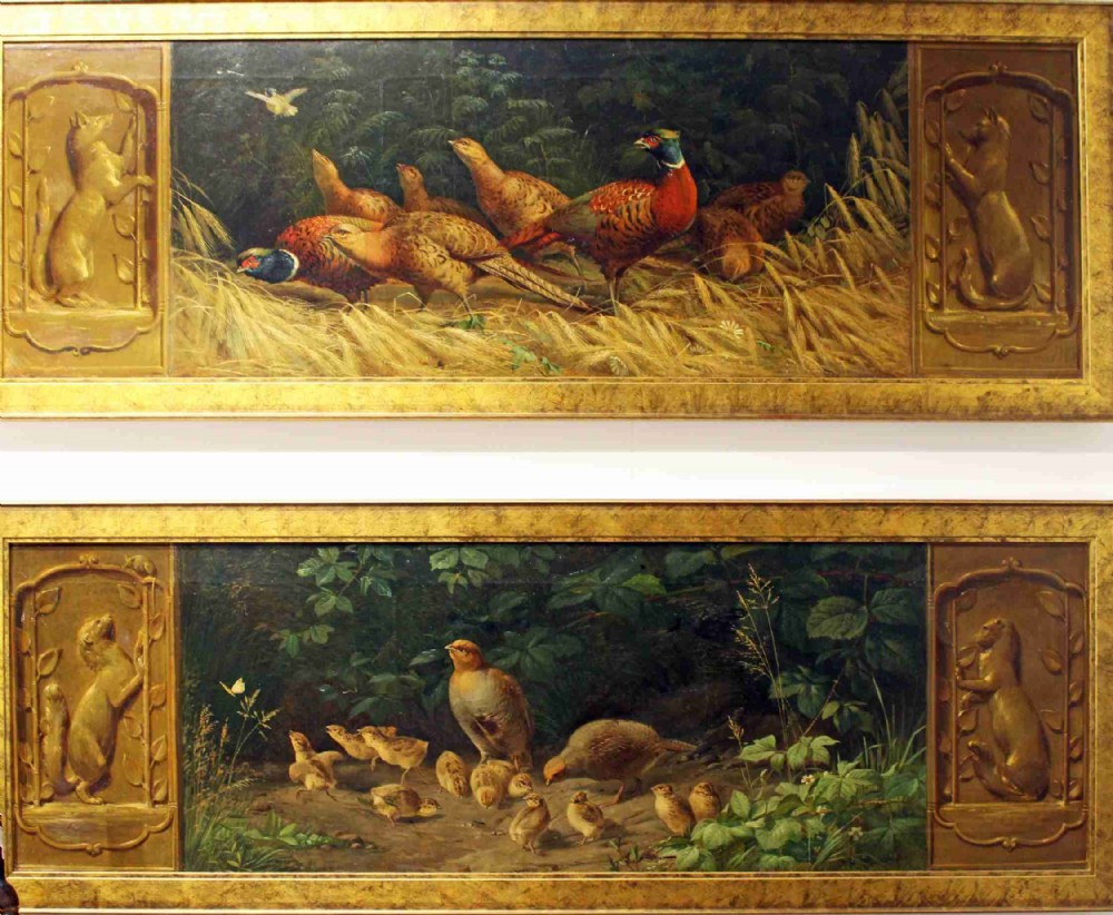 A fine and unusual pair of oils on canvas..pheasants and partridge. 