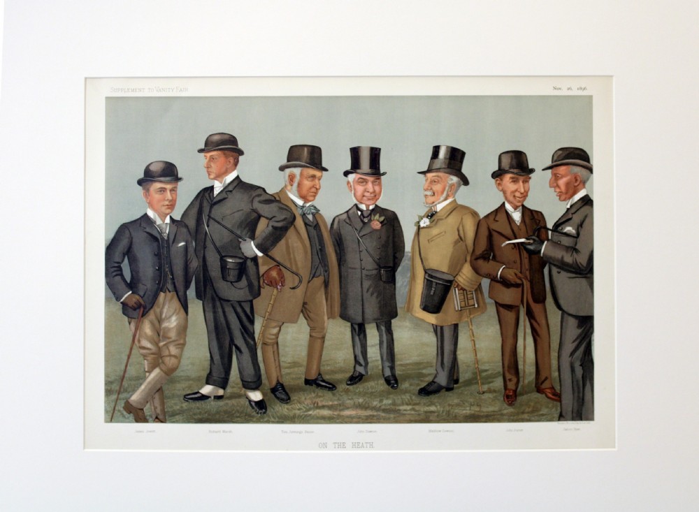 A late Victorian double-page chromolithograph print illustrating seven gentlemen in formal attire wearing top hats and bowler hats in a field setting. View II
