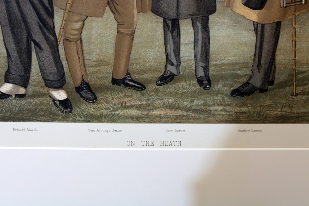 A late Victorian double-page chromolithograph print illustrating seven gentlemen in formal attire wearing top hats and bowler hats in a field setting. View III