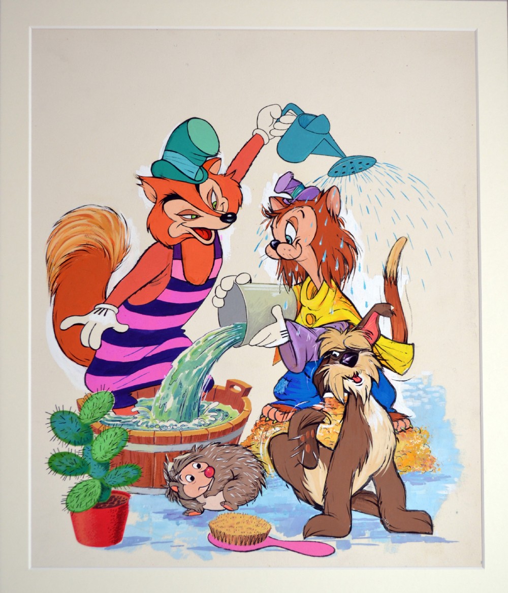 A framed original watercolour illustration depicting anthropomorphic animal characters, including a fox and cat interacting with water, alongside a dog, a hedgehog, and a potted cactus.