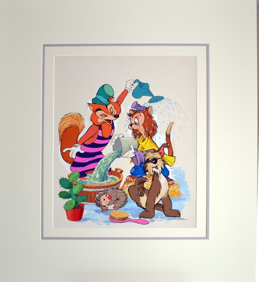 A framed original watercolour illustration depicting anthropomorphic animal characters, including a fox and cat interacting with water, alongside a dog, a hedgehog, and a potted cactus. View II