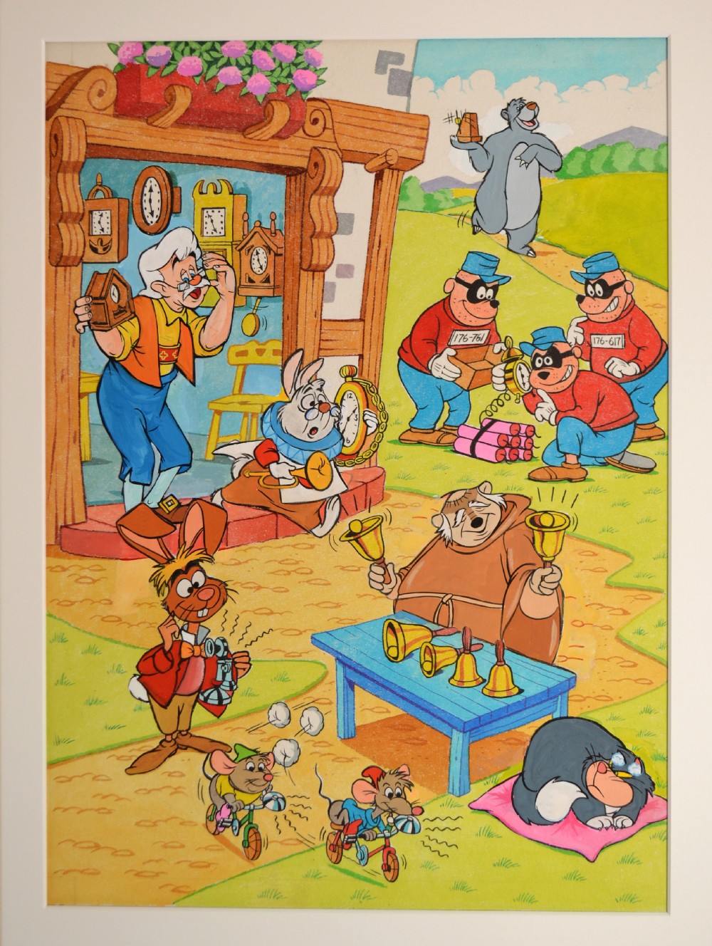 A framed multi-coloured original watercolour, gouache, and collage illustration depicting various Disney characters including Geppetto, the White Rabbit, and the Beagle Boys in a village setting.