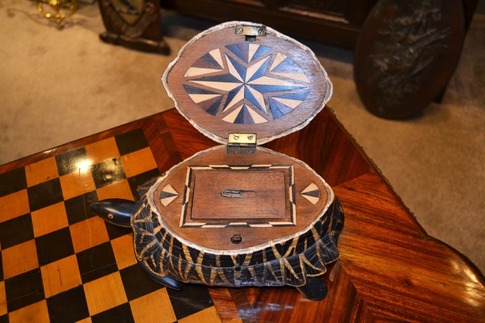 A carved dark wood and horn trinket box crafted in the form of an Indian Star Tortoise with a patterned carapace lid. View II