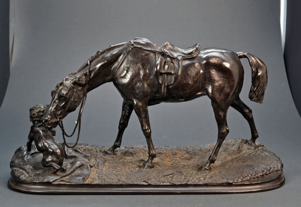Bronze Horse and Dog, by P. J. Mene  circa 1860.   ( Jument a l'Ecurie Juoaunt avec un Chien )