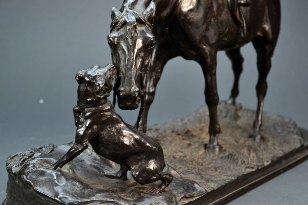 Bronze Horse and Dog, by P. J. Mene  circa 1860.   ( Jument a l'Ecurie Juoaunt avec un Chien ) View II
