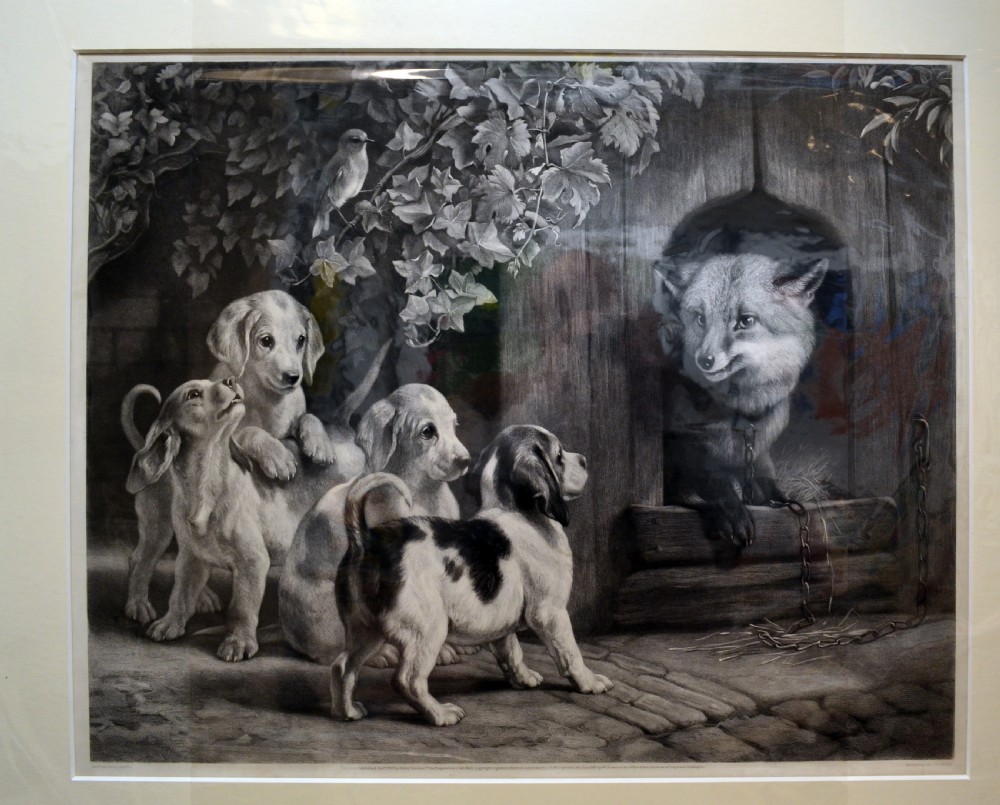 Large 19th century engraving of Fox and Puppies after Samuel Carter