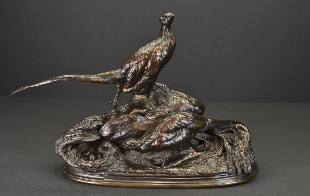 Bronze Pheasant group with nest and eggs by Auguste Nicholas Cain ( 1822-1894 )