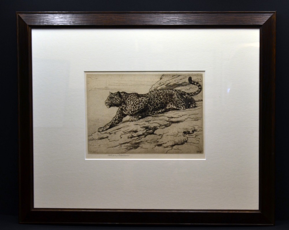 An antique monochrome etching depicted on cream paper showing a leopard crouched on a rocky hillside, signed lower left by Herbert Dicksee. View II