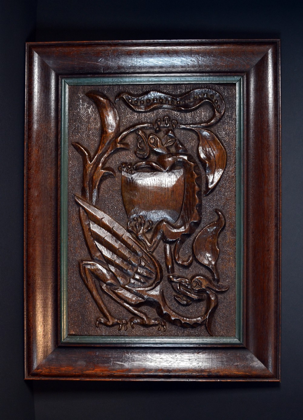 Superb pair of Arts and Crafts carved oak plaques View II