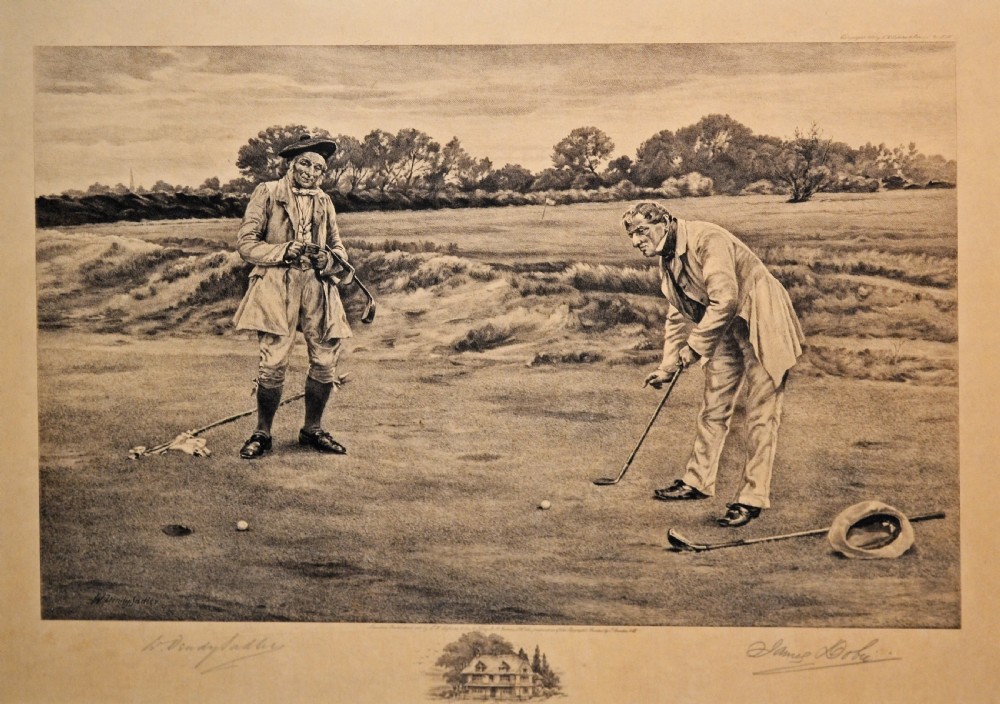 An antique monochrome etching titled Stymied depicting two men in 18th-century attire playing golf on an open course.