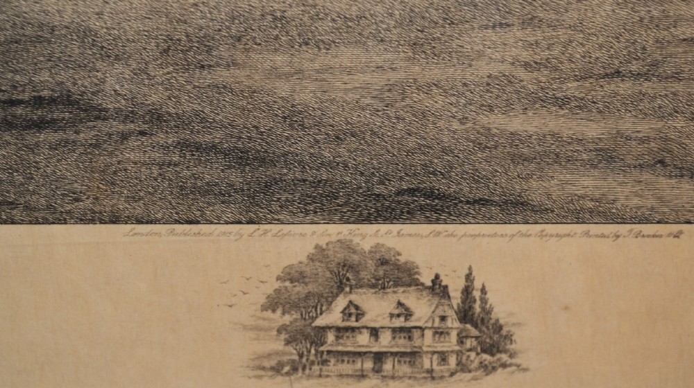 An antique monochrome etching titled Stymied depicting two men in 18th-century attire playing golf on an open course. View II