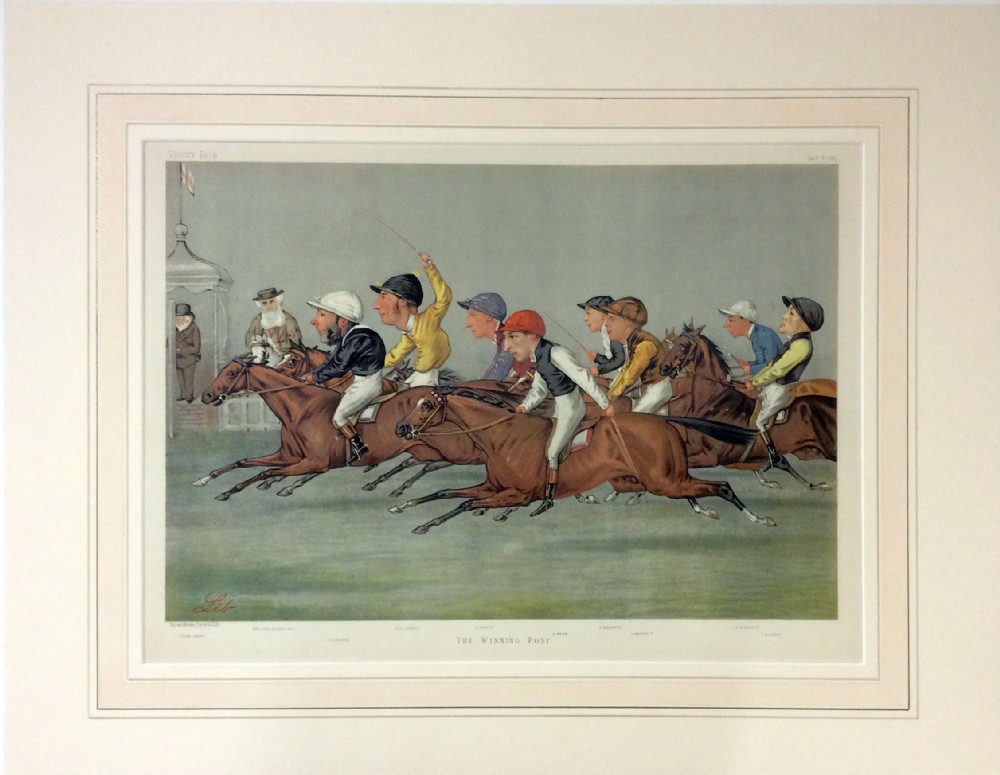 A framed 19th-century Vanity Fair double-page chromolithograph titled The Winning Post, depicting jockeys on racehorses in motion.