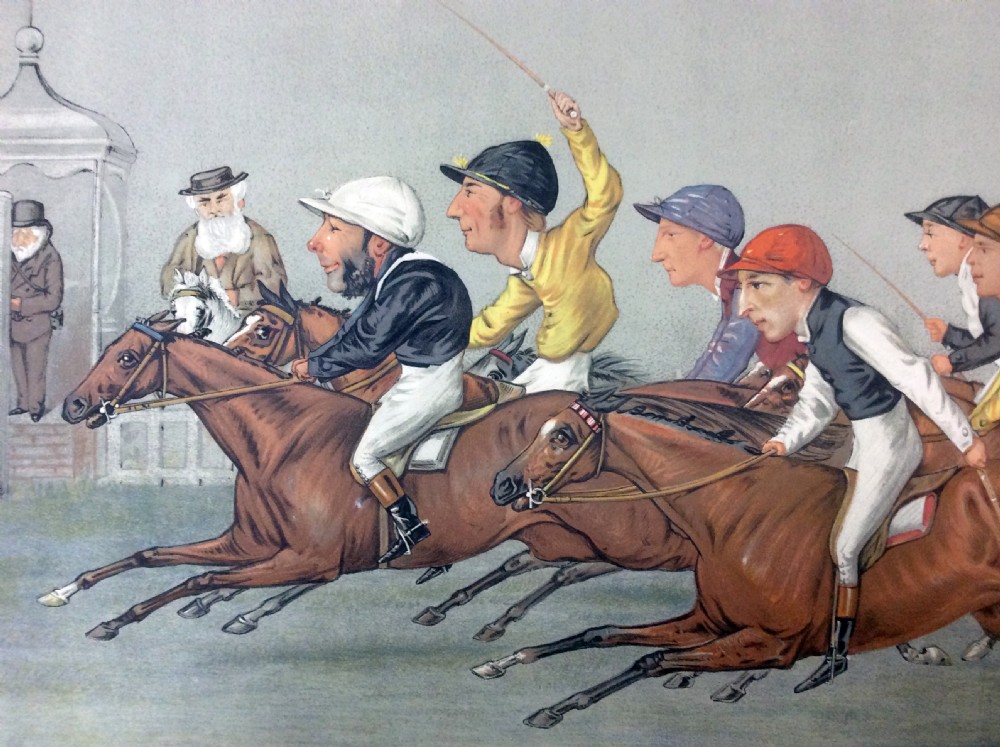 A framed 19th-century Vanity Fair double-page chromolithograph titled The Winning Post, depicting jockeys on racehorses in motion. View II