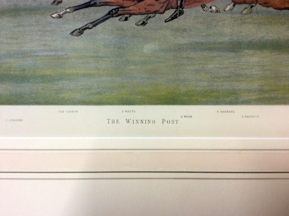 A framed 19th-century Vanity Fair double-page chromolithograph titled The Winning Post, depicting jockeys on racehorses in motion. View III