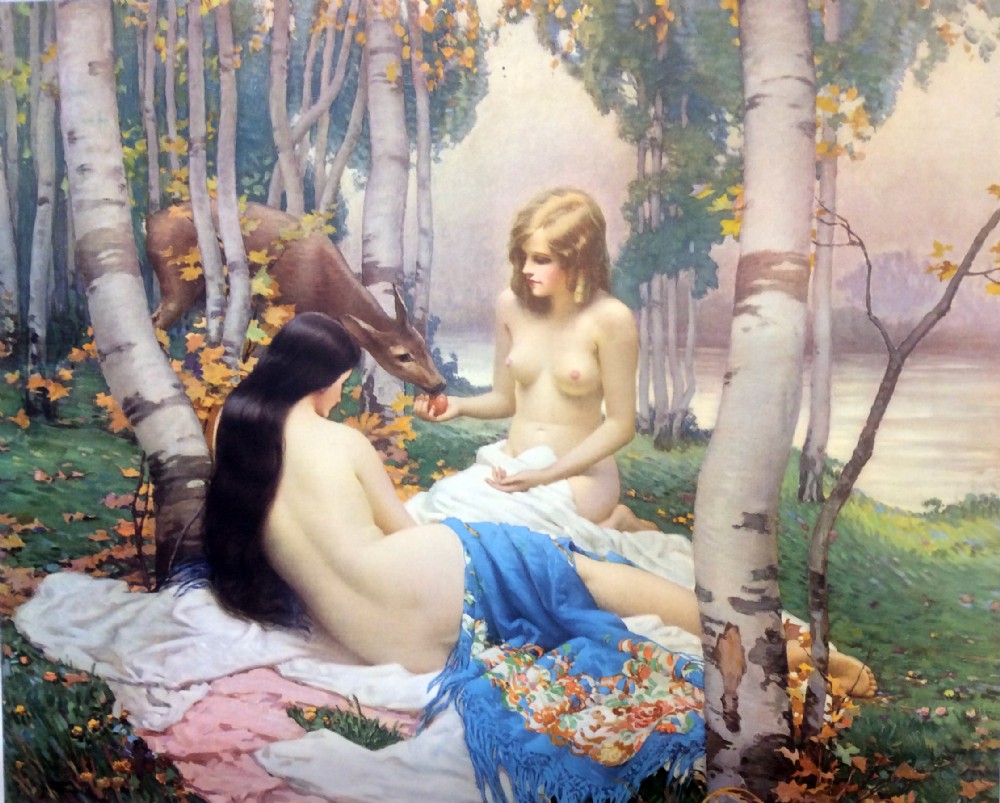 An early 20th-century Art Deco collotype print depicting two seated bathers with a deer amongst silver birch trees.