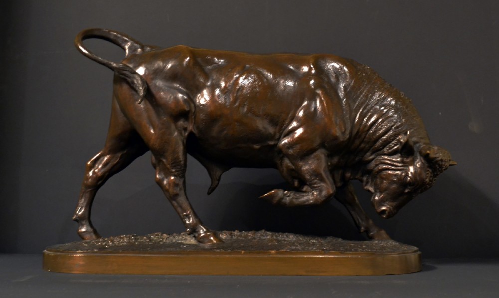 A dark patinated bronze sculpture depicting a muscular charging bull on an integral oval bronze base.