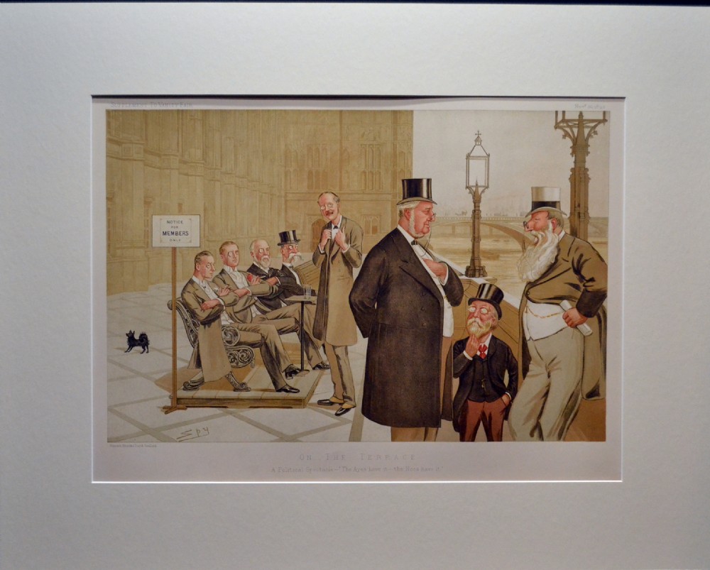 A framed late Victorian Vanity Fair political caricature print depicting several gentlemen in top hats standing on the House of Commons terrace.