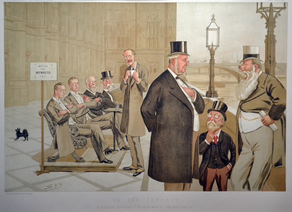 A framed late Victorian Vanity Fair political caricature print depicting several gentlemen in top hats standing on the House of Commons terrace. View II