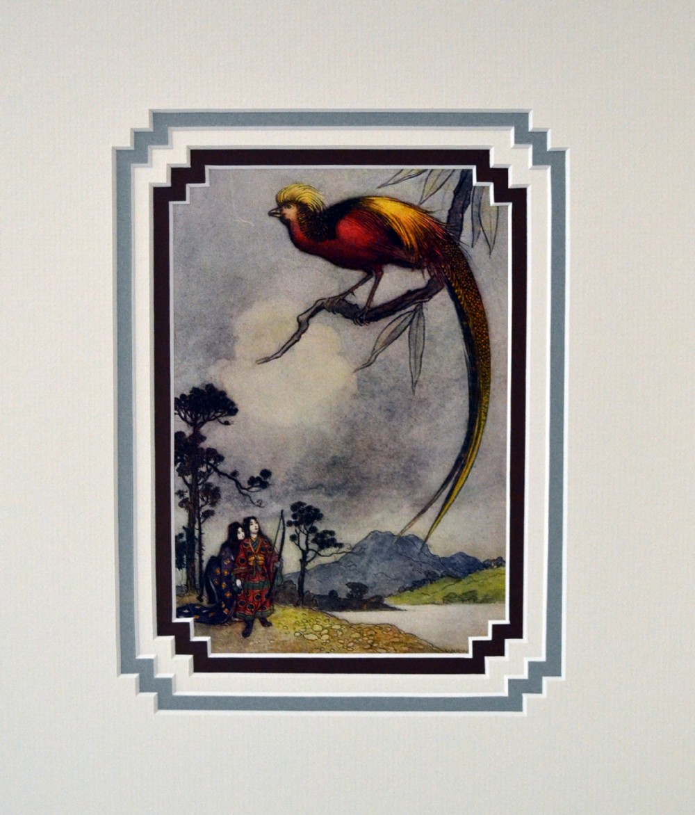 Framed antique book illustration depicting a golden pheasant on a branch above figures in traditional Japanese attire, housed in a stepped mount.