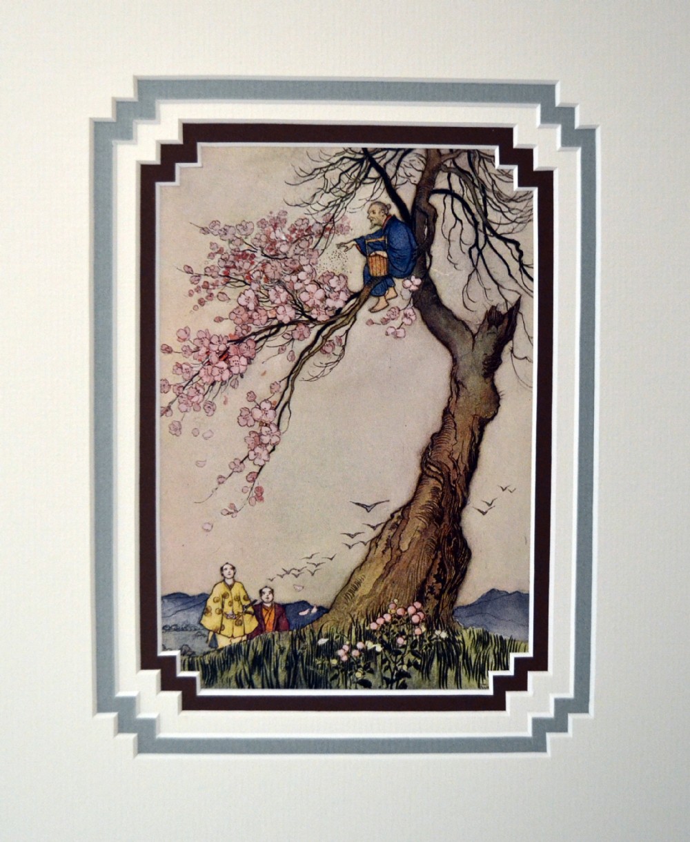 An antique book illustration mounted in a stepped mount frame depicting a figure seated in a blossoming cherry tree above two observers.