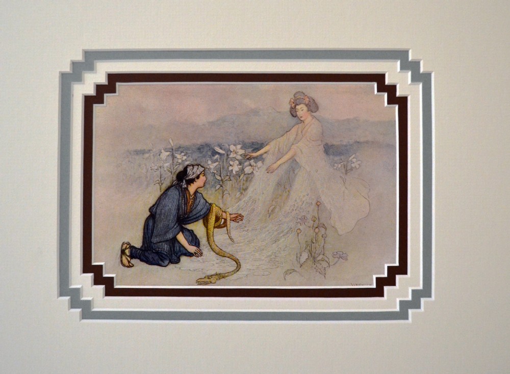 A framed antique colour illustration print depicting two figures and a serpent among lilies, presented in a stepped multi-layered mount.
