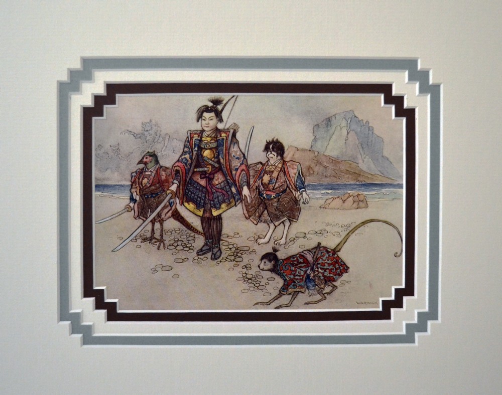 A framed Edwardian colour book illustration by Warwick Goble depicting a Japanese warrior on a beach accompanied by a pheasant, dog, and monkey.
