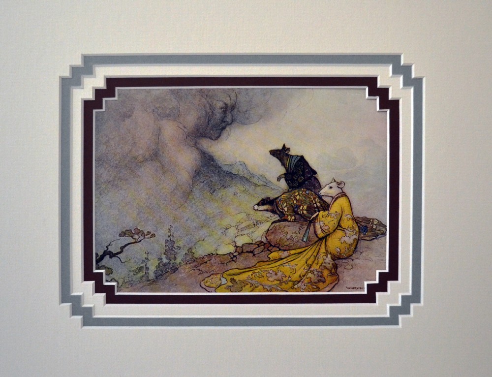Framed antique colour illustration by Warwick Goble depicting anthropomorphic mice in Japanese kimonos gazing towards a cloud face, set in a stepped mount.