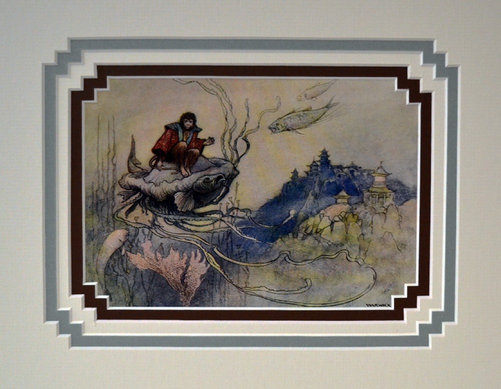 A framed Edwardian illustration depicting a figure riding a jellyfish underwater near an oriental palace, presented within a multi-layered stepped mount.