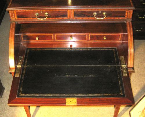 FINE QUALITY ANTIQUE EDWARDIAN FREESTANDING MAHOGANY INLAID CYLINDER DESK BY MAPLE CO LONDON - ADDITIONAL PHOTO 3