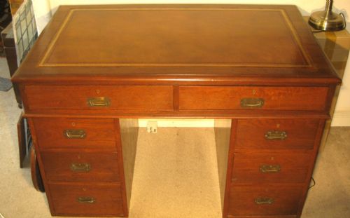 LATE VICTORIAN SOLID TEAK PEDESTAL CAMPAIGN DESK