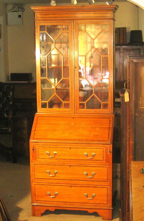 Lovely Edwardian Satinwood Inlaid Bureau Bookcase