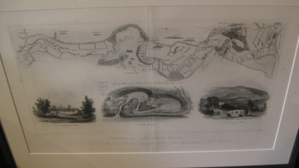 A framed antique monochrome steel engraving illustrating the Course of the River Mole, presented with a wide white mount and a dark wooden frame. View III