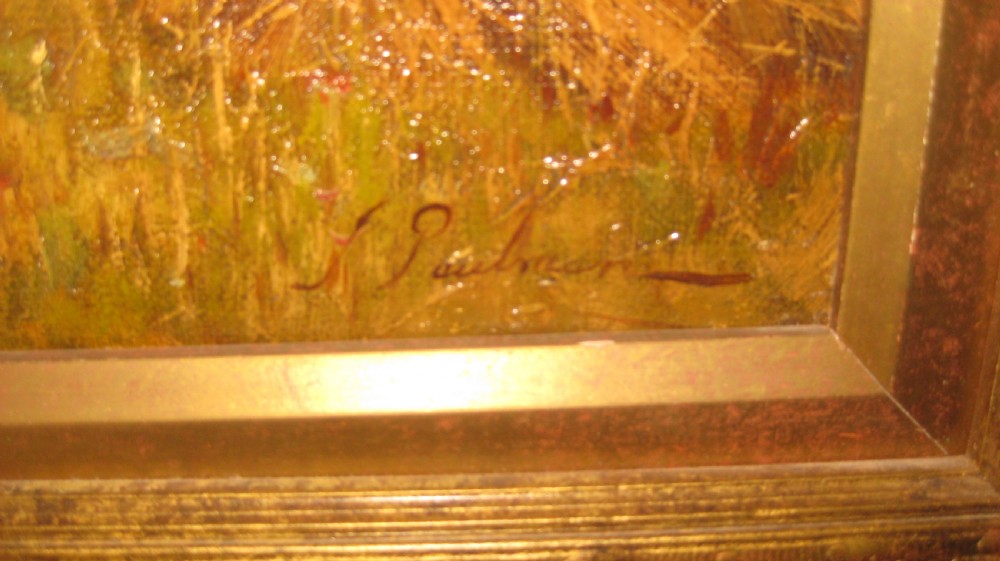 A 19th-century landscape oil painting depicting figures gathering wheat in an open field, set within a carved gilt wood frame. View II
