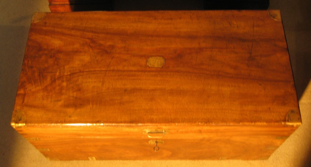 Beautifully grained late Victorian, solid camphorwood, campaign trunk.  View II
