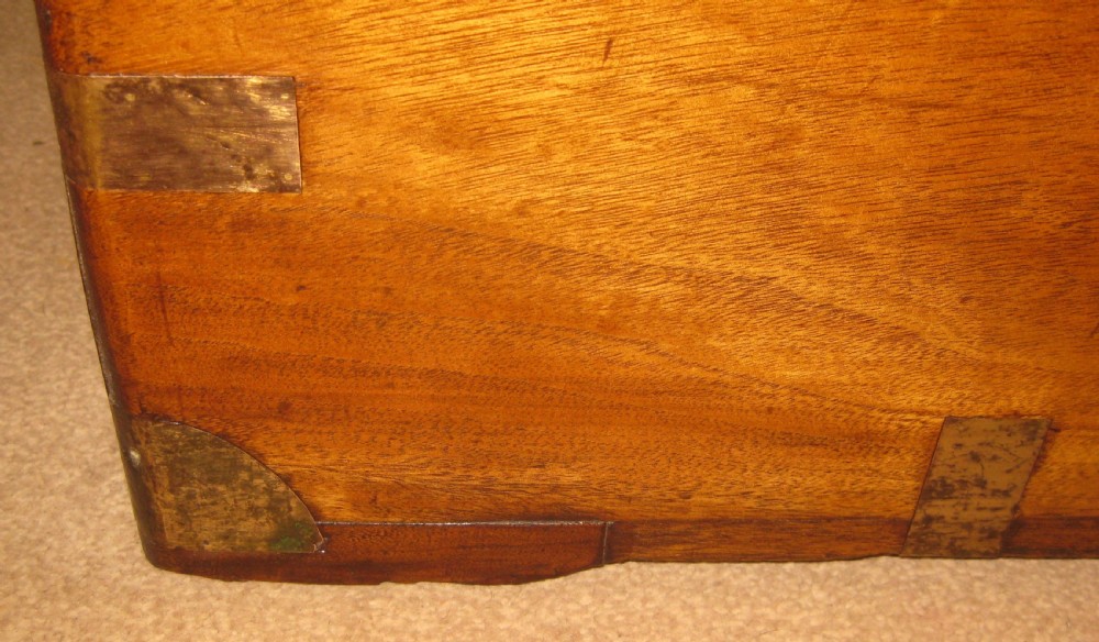 A rectangular Victorian solid camphorwood campaign trunk featuring polished brass corner mounts and central escutcheon. View III