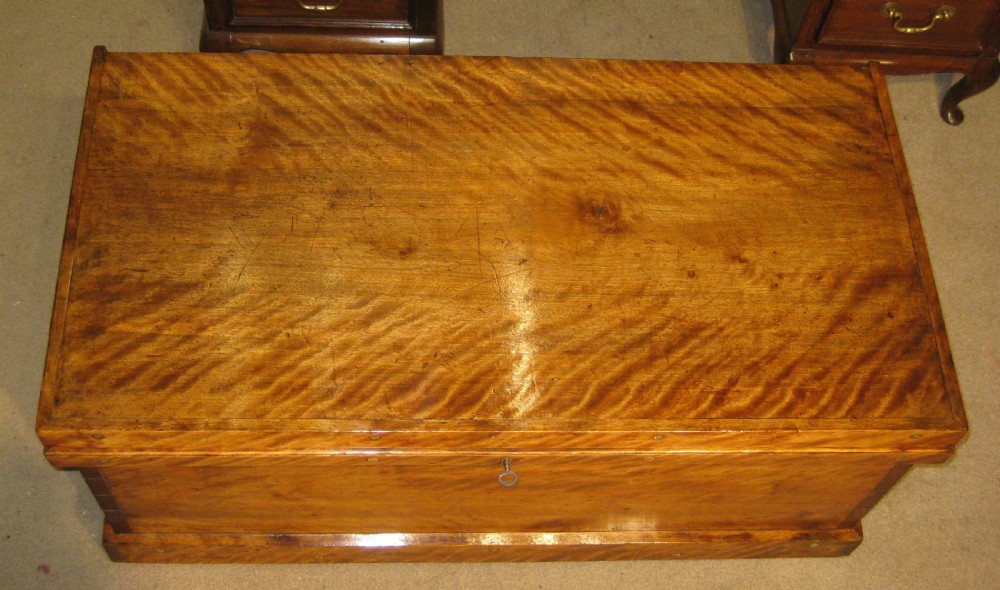 A rectangular Victorian solid satinwood storage trunk featuring prominent rippled timber grain, brass fixings along the lid, and a central keyhole. View III