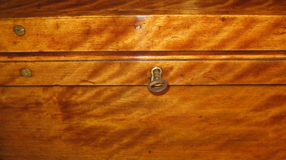 A rectangular Victorian solid satinwood storage trunk featuring prominent rippled timber grain, brass fixings along the lid, and a central keyhole. View VI
