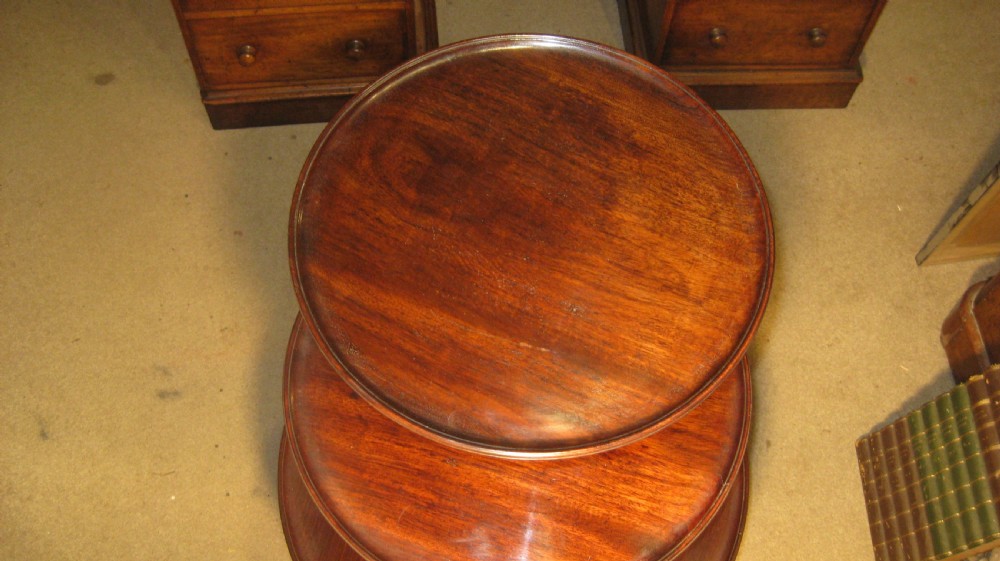 A Victorian mahogany three-tiered dumb waiter featuring graduated circular trays, a central turned column, and carved tripod legs with claw feet. View VII