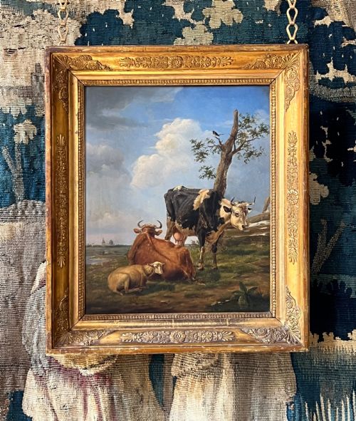LATE 18TH CENTURY FLEMISH SCHOOL OIL ON PANEL STUDY OF TWO COWS AND SHEP AT REST CIRCLE OF JOSEPH VERBOECKHOVEN - ADDITIONAL PHOTO 1