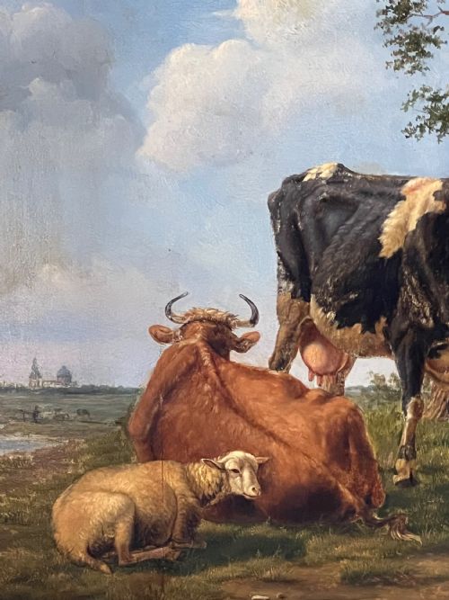 LATE 18TH CENTURY FLEMISH SCHOOL OIL ON PANEL STUDY OF TWO COWS AND SHEP AT REST CIRCLE OF JOSEPH VERBOECKHOVEN - ADDITIONAL PHOTO 5